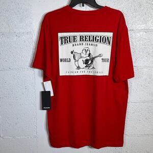 True Religion men's Logo Ladder Stitch Puff Print T-Shirt Lava XL $59